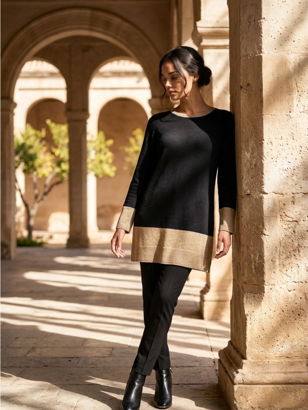 Barrow & Grove 100% Cashmere Colorblock Sweater Black Taupe Long Sleeve